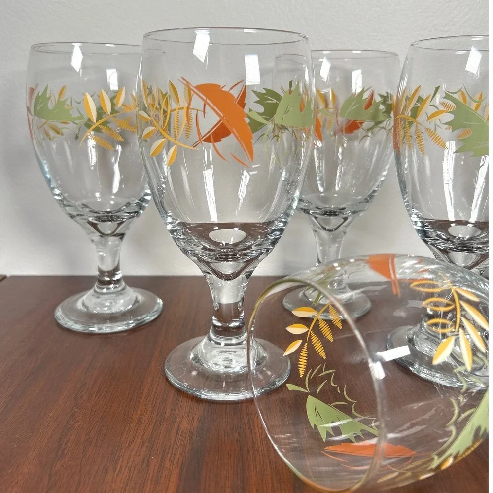 Libbey Autumn Leaf Stemmed Water Goblets Orange Green Fall SIX